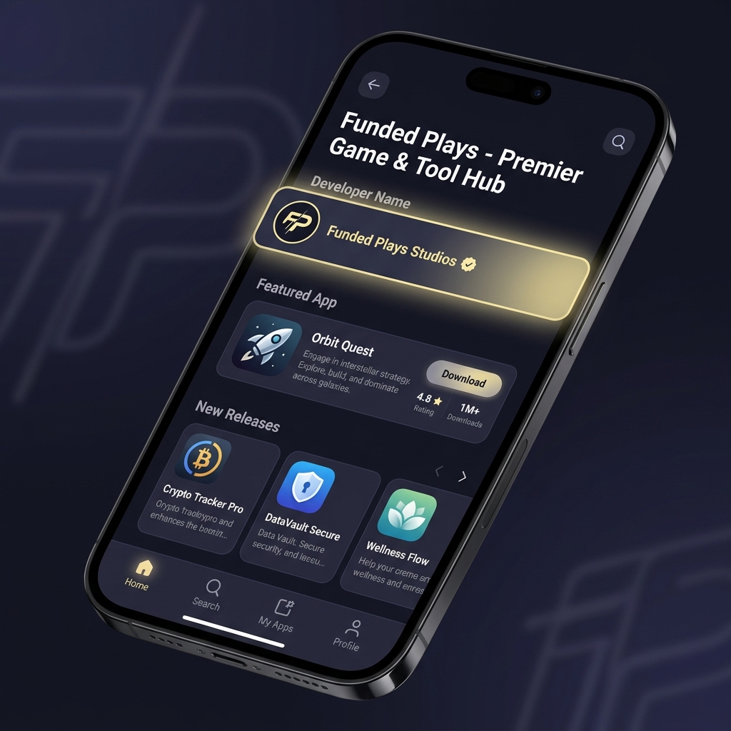 Close up full frame mobile app store page showing highlighted developer name on Funded Plays dark theme with accent highlight and blurred background focused on developer identity betnet ag mobile