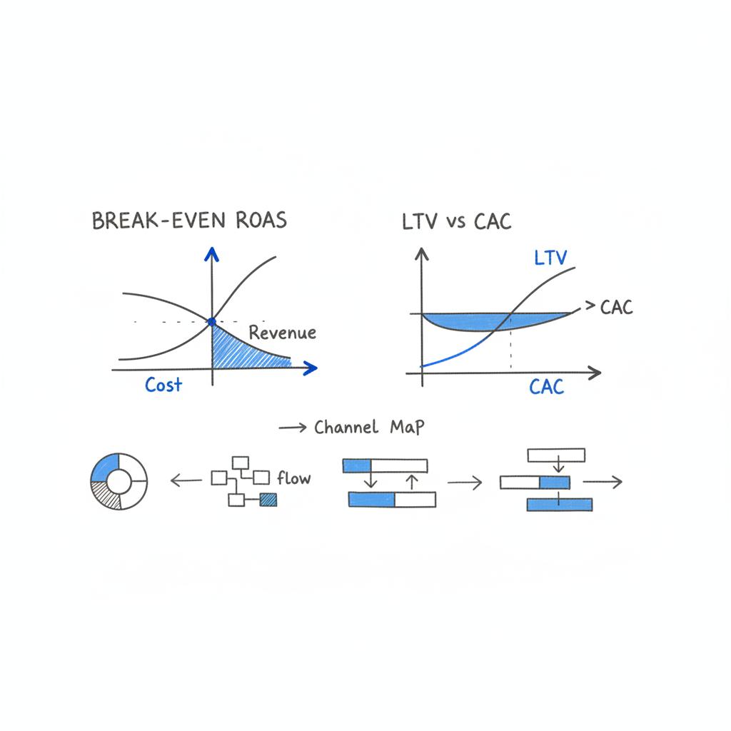 Vector notebook-style diagram of break-even ROAS calculation and LTV vs CAC comparison, minimalist Agency Visible palette, highlighting PPC strategy points.