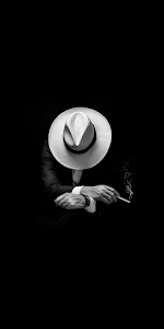Noir Man Smoking White Fedora Black and White Portrait