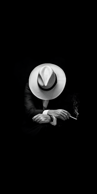 Noir Man Smoking White Fedora Black and White Portrait - Free mobile Wallpaper