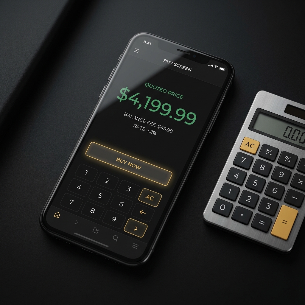 Close up mobile buy screen showing highlighted quoted price and a calculator beside it on a Finance Police themed dark background best app to buy crypto