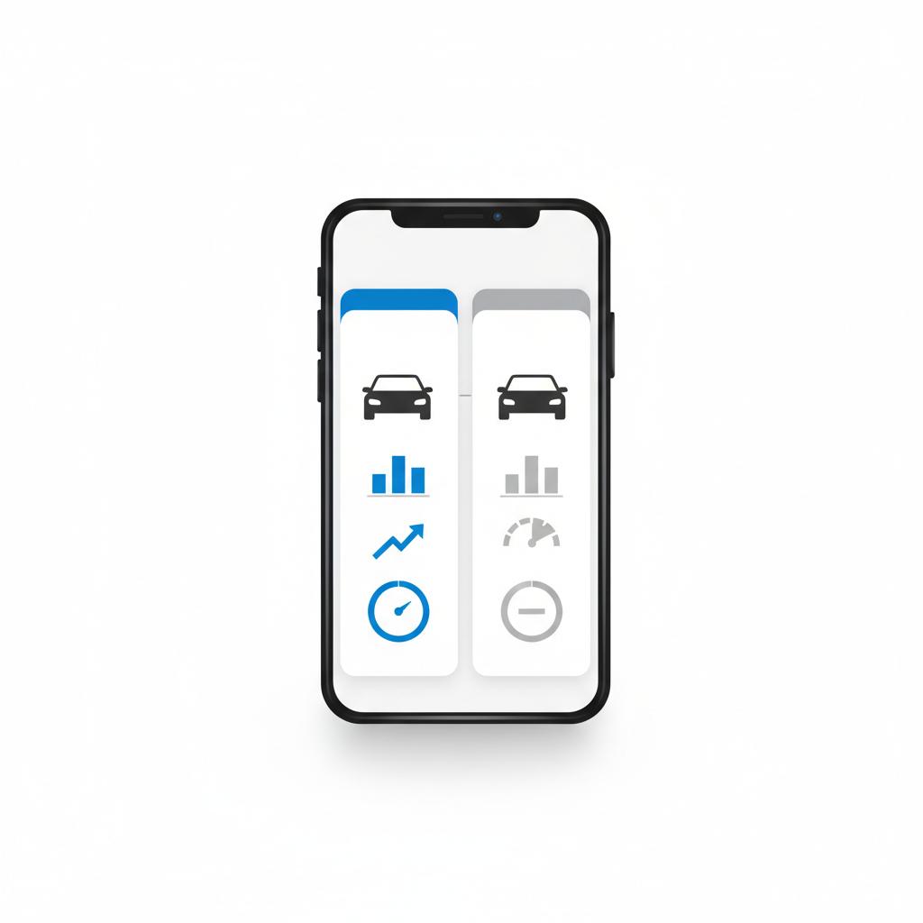 Minimal vector smartphone mockup showing two side by side car listings with graphical price analysis indicators for lexus es 350 for sale