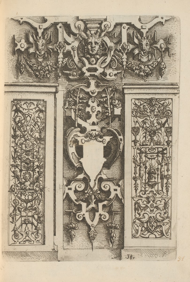 Trophy of scrollwork with cartouches mascarons and flat decorations with grotesq