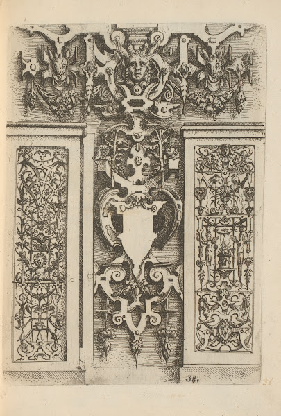 Trophy of scrollwork with cartouches mascarons and flat decorations with grotesq