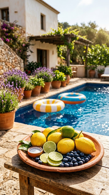 Sunlight Terrace Still Life with Lemons, Blueberries, and Swimming Pool - Free mobile Wallpaper