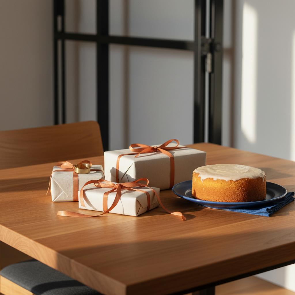 Nahaufnahme eines Esstisches mit sorgfältig verpackten Geschenken und einem einfachen Vanillekuchen in warmem Licht – was schenkt man jemandem der alles hat