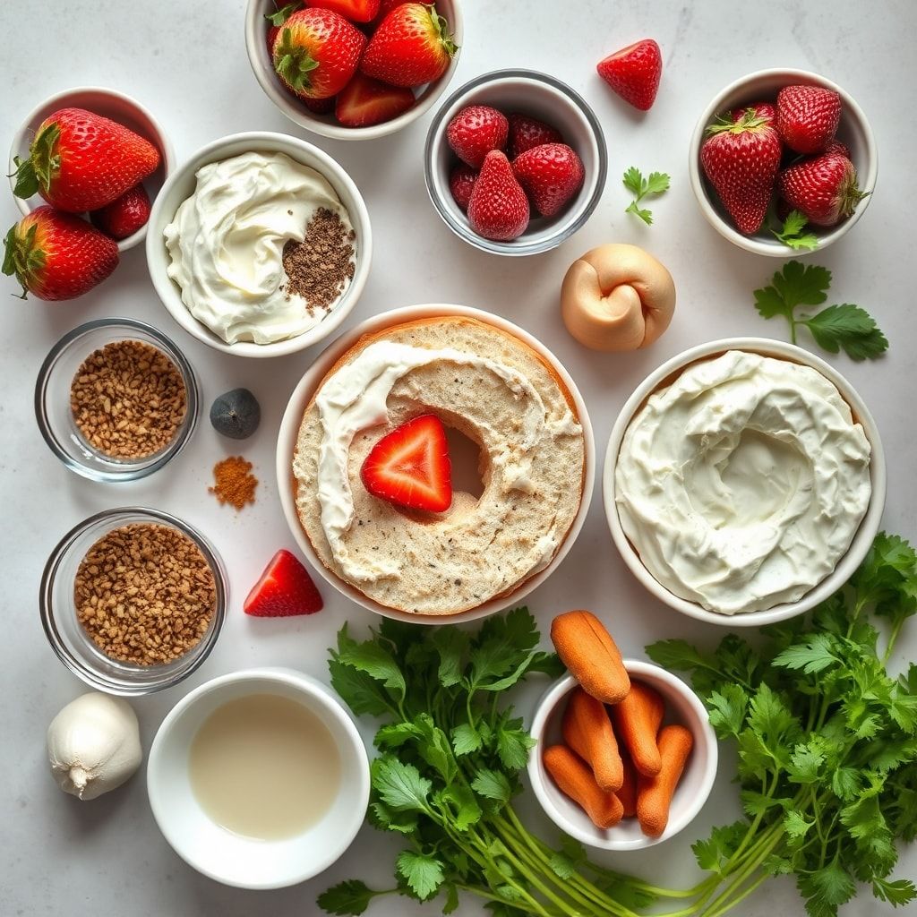 Ingredients for Fresh Strawberry Bagels with Homemade Cream Cheese Spread (Easy Brunch)