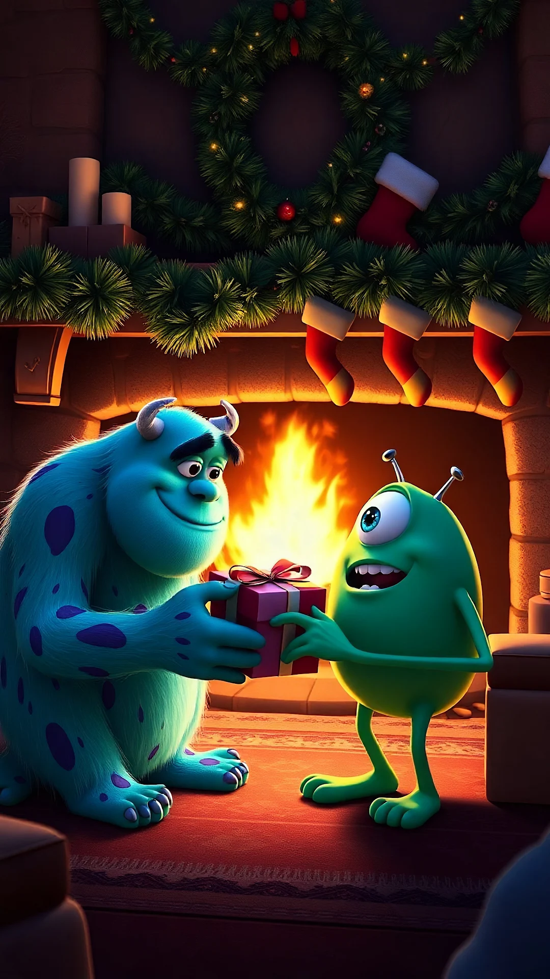 Sulley and Mike Sharing Gift by Christmas Fireplace - Free 4K mobile Wallpaper