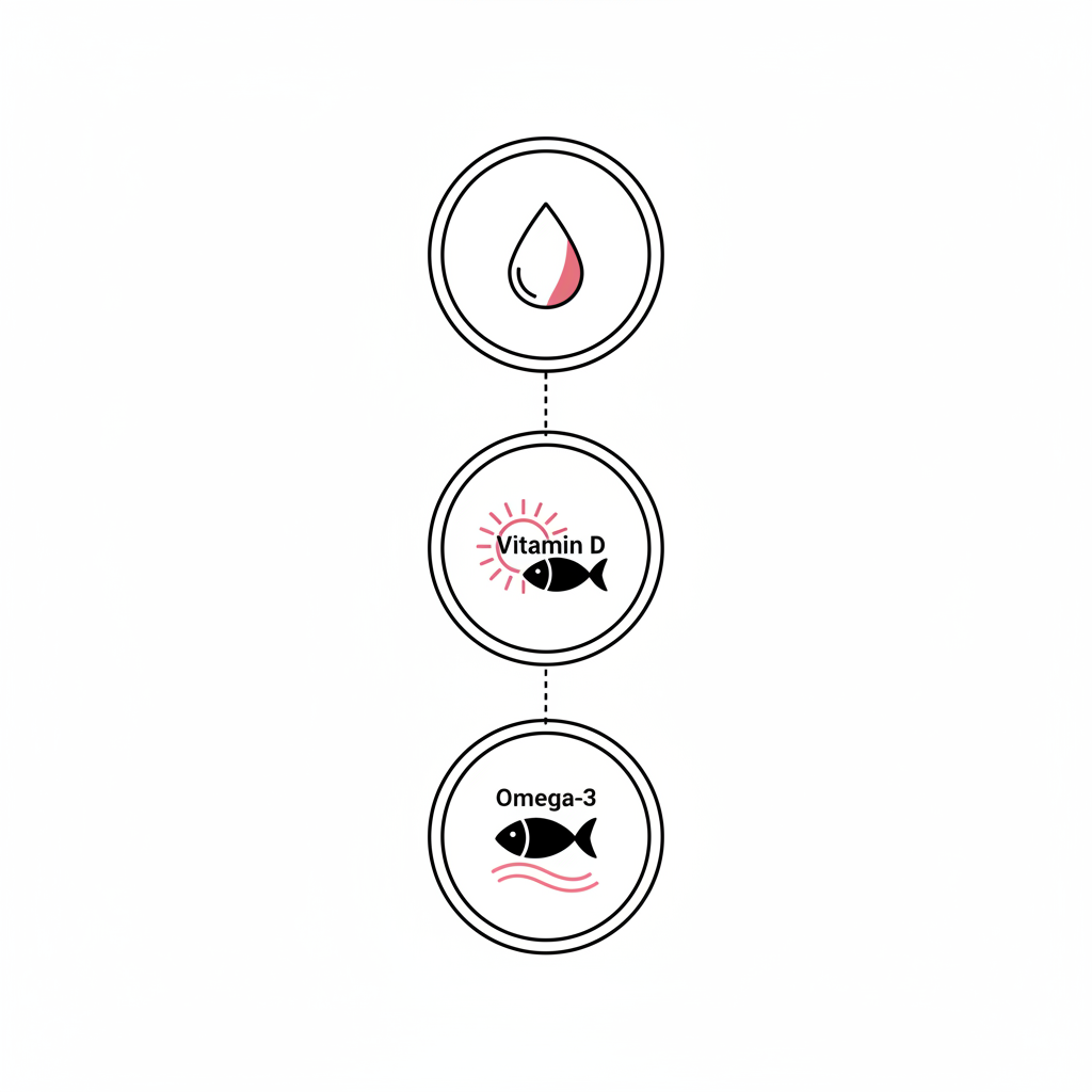 Infografik: Welches Vitamin fehlt bei strohigen Haaren? Drei Vektor-Icons für Eisen (Blutstropfen), Vitamin D (Sonne+Fisch) und Omega-3 (Fisch+Welle) auf weißem Hintergrund.