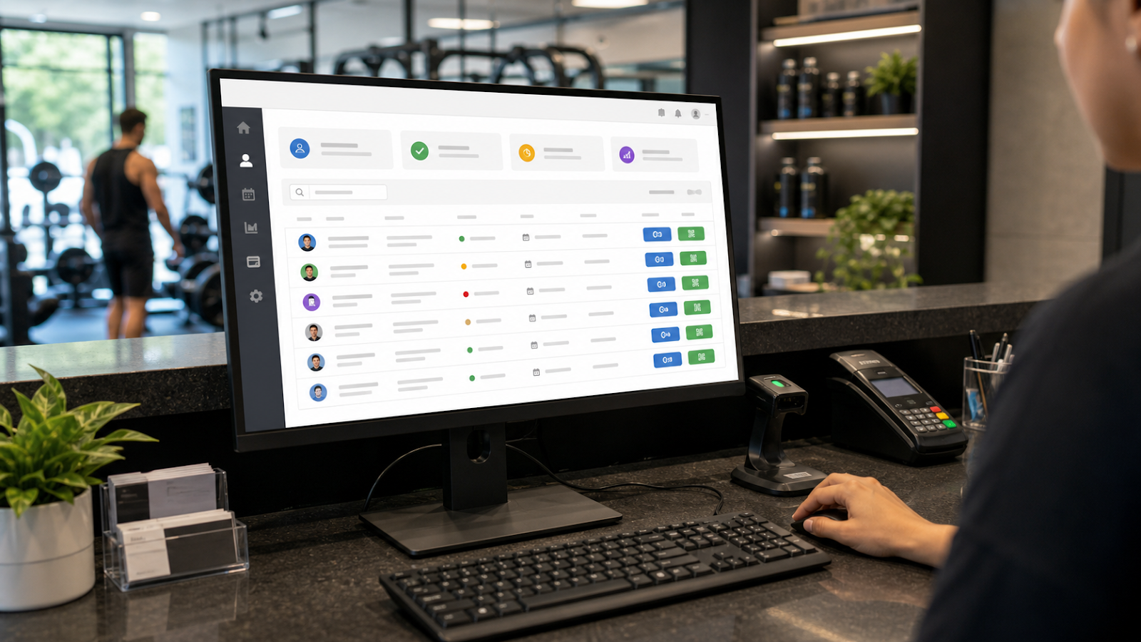 Dashboard de control de membresias en recepcion de gimnasio