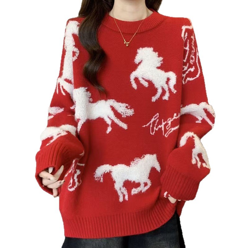 Roter Damen-Strickpullover mit Pferdestickerei