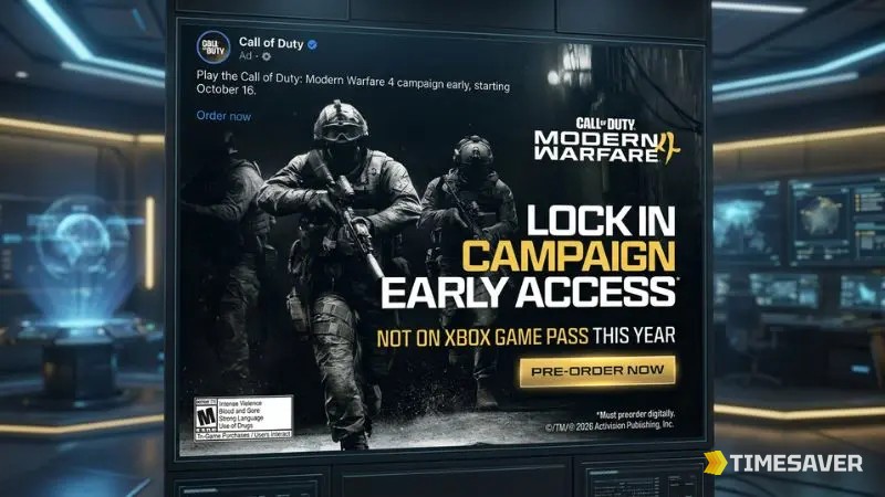 Official Call of Duty ad for Modern Warfare 4 stating "Not on Xbox Game Pass this year" with a pre-order call to action