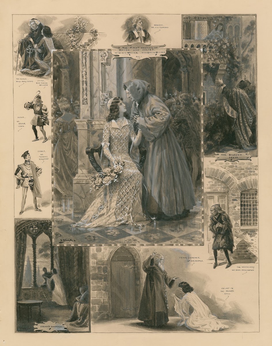 Grouped vignettes depicting characters and scenes from Romeo and Juliet as perfo