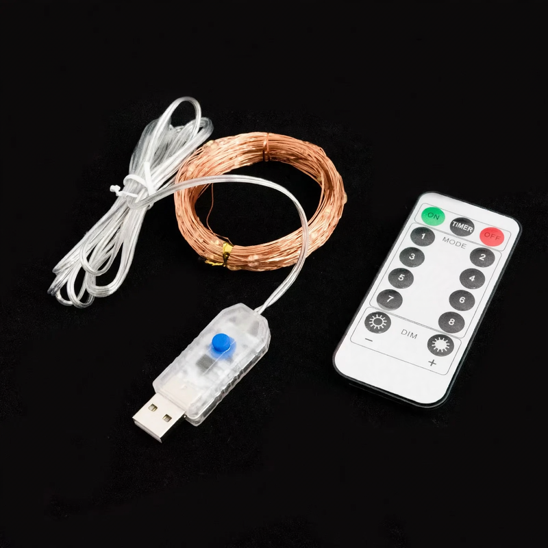LED Copper Wire String Light with Remote Control and 8 Functions