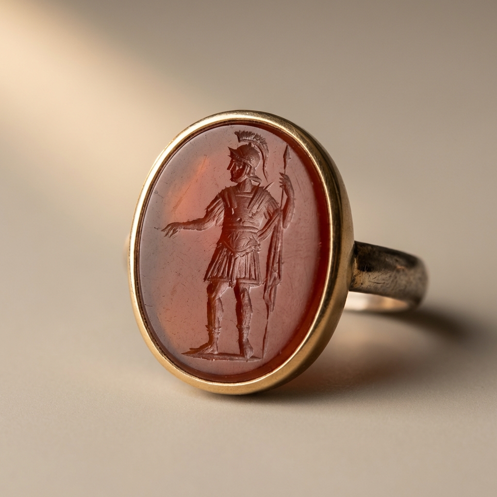 Macro close up of a Roman carnelian intaglio ring showing carving depth and tool marks with angled light roman soldier intaglio ring meaning