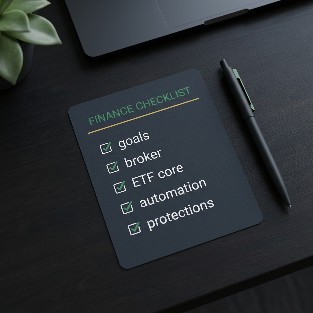 Minimalist overhead checklist on dark desk illustrating how do you start investing in the stock market with goals broker ETF core automation protections