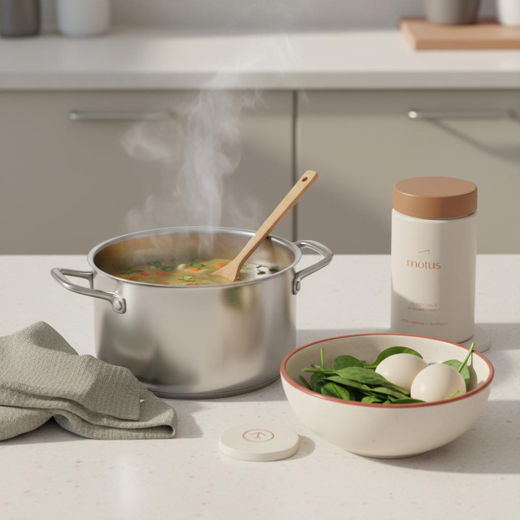 Minimalist kitchen scene with Tonum Motus container beside simmering vegetable broth, a bowl of fresh spinach and eggs in soft morning light for a fast sugar detox plan