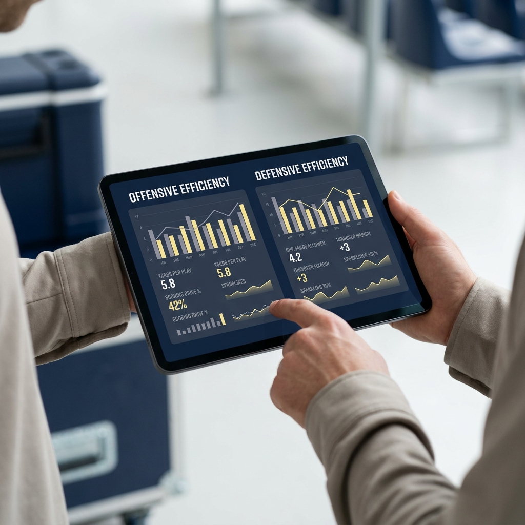Coach and analyst study a tablet displaying offensive and defensive efficiency charts in a clean sideline setting Using Efficiency Ratings in College Basketball