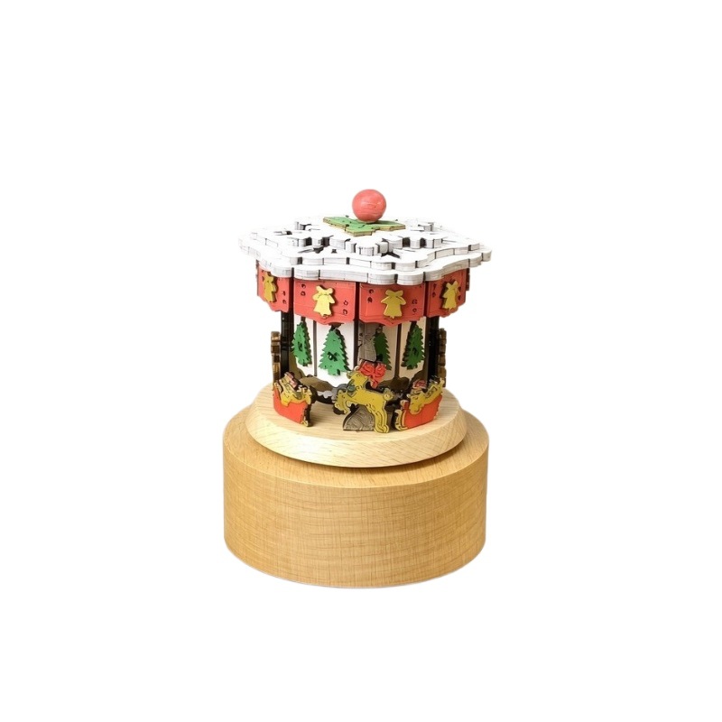 Wooden music box with lighting and winding mechanism