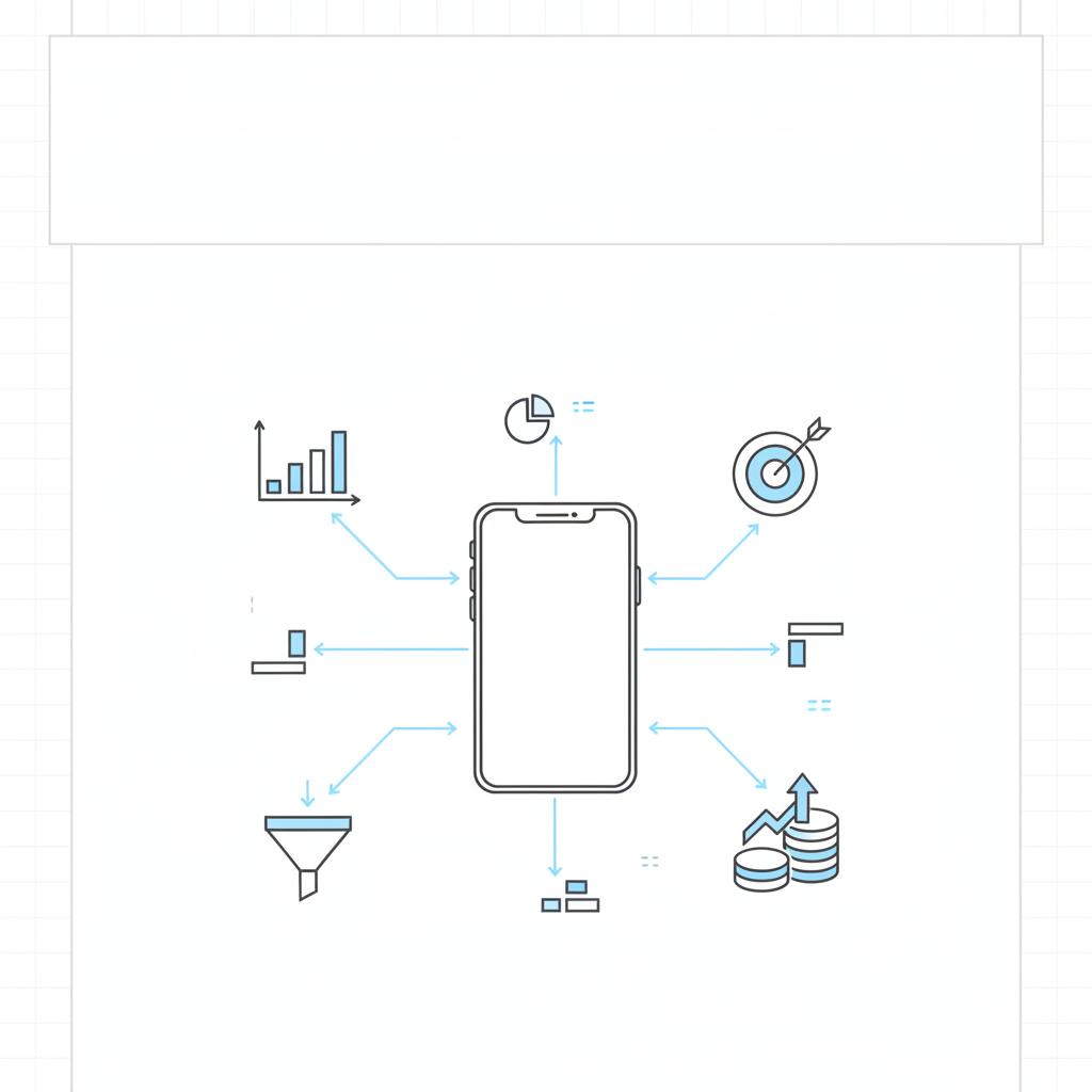 Minimal 2D vector notebook-style illustration of a vertical phone silhouette surrounded by simple KPI icons connected by lines, using #39383f strokes and #1a5bfb accents for an instagram ad tutorial
