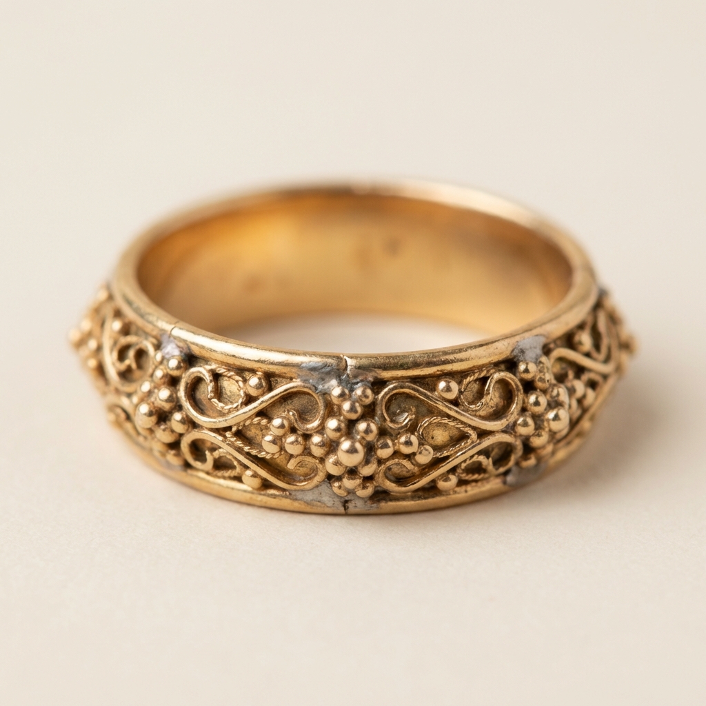 Macro photograph of Byzantine style gold ring showing filigree granulation and visible solder joints on soft beige background greek coin rings