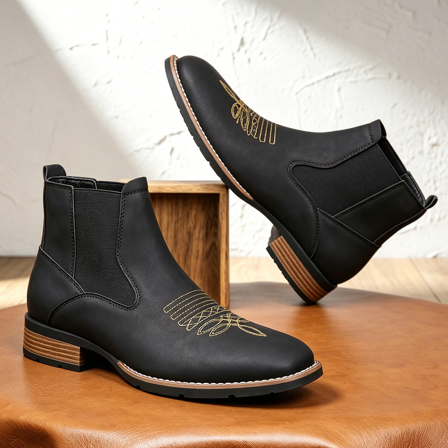  Men's Chelsea boots, square toe, synthetic leather, slip-resistant