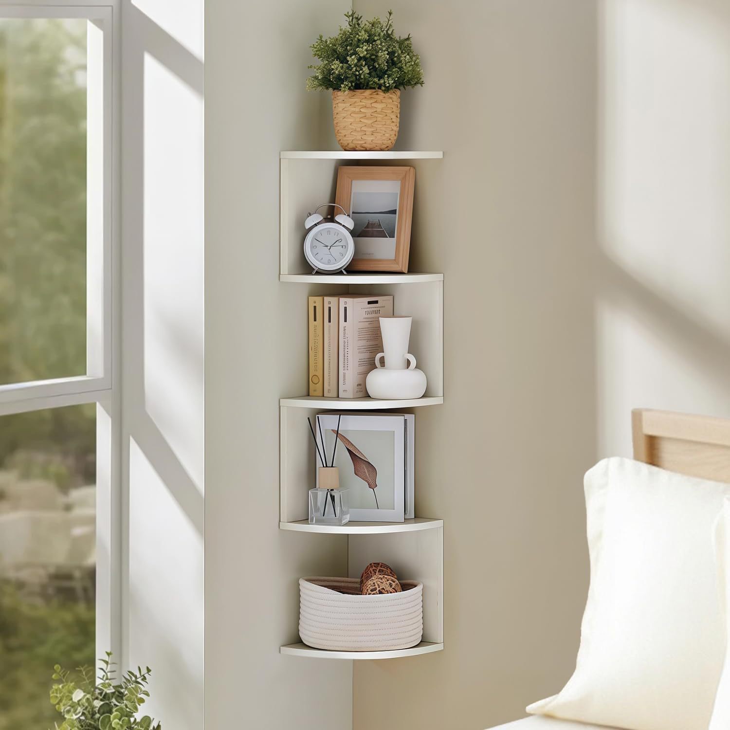 Corner wall shelf made of dense plywood, multi-layered