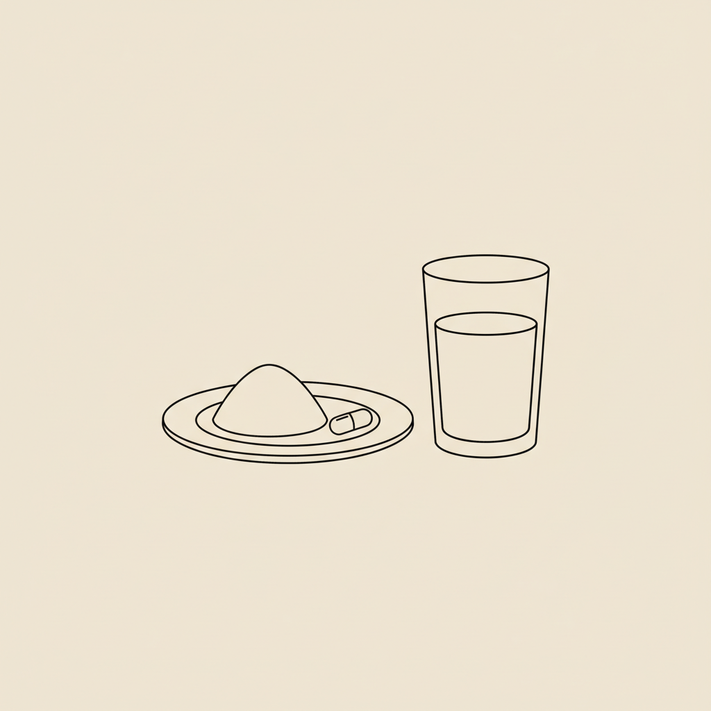 Minimalist Tonum-style line illustration of a plate with a scoop of powder, small capsule, and glass of water on beige background — best whey protein for weight loss and muscle gain