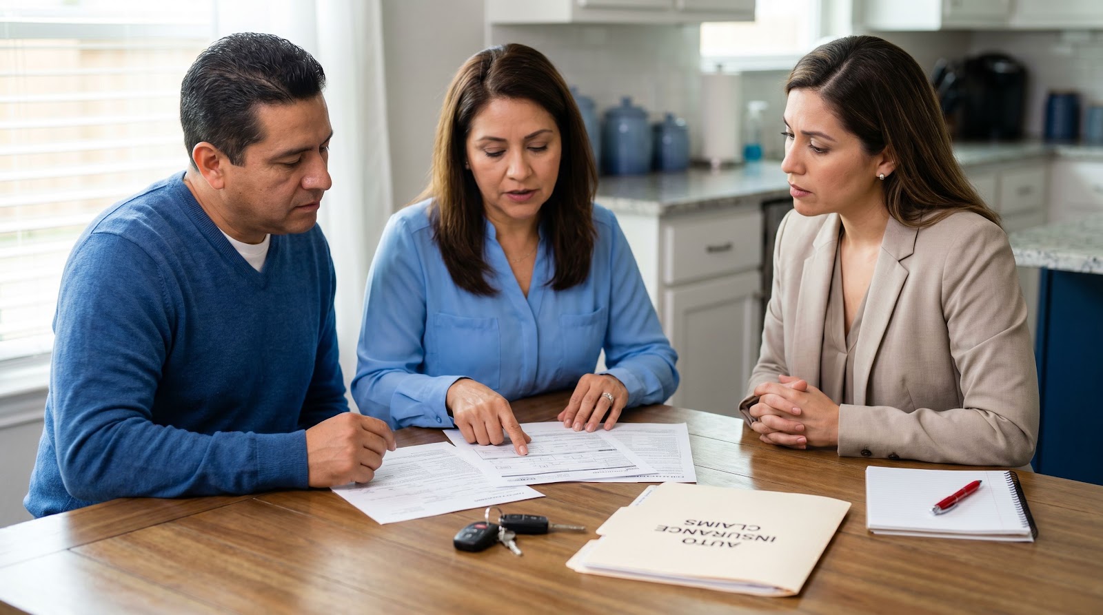 Hispanic couple reviewing paperwork with an advisor after a texas uninsured student driver accident insurance claim