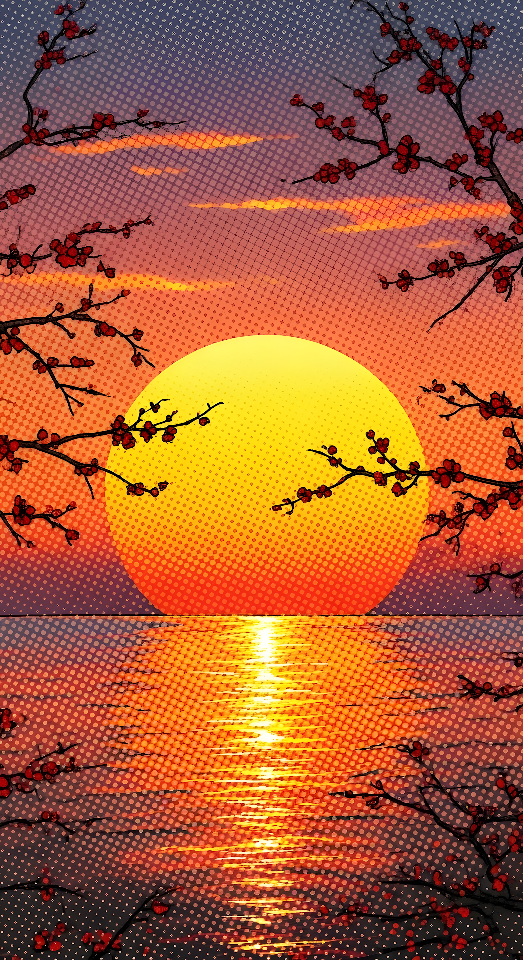 Pop Art Sunset Over Water Framed by Cherry Blossoms - Free 4K mobile Wallpaper