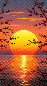 Pop Art Sunset Over Water Framed by Cherry Blossoms