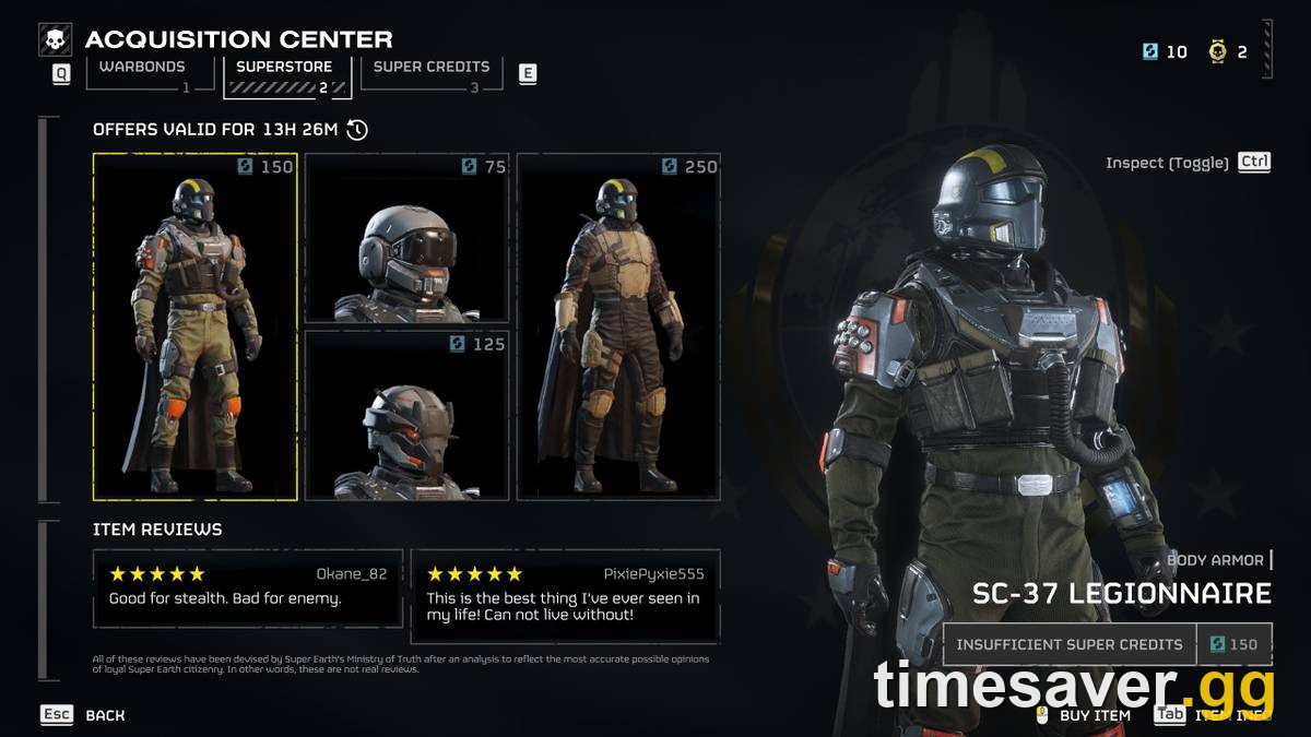 The Helldivers 2 Acquisition Center Superstore, showing Super Credits and item prices.
