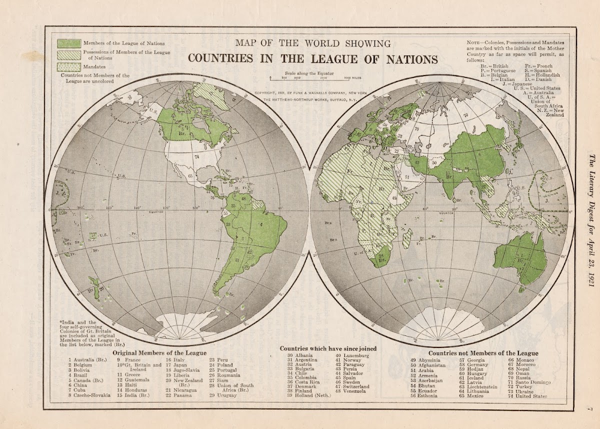 Map Of The World Showing Countries In The League Of Nations 1921
