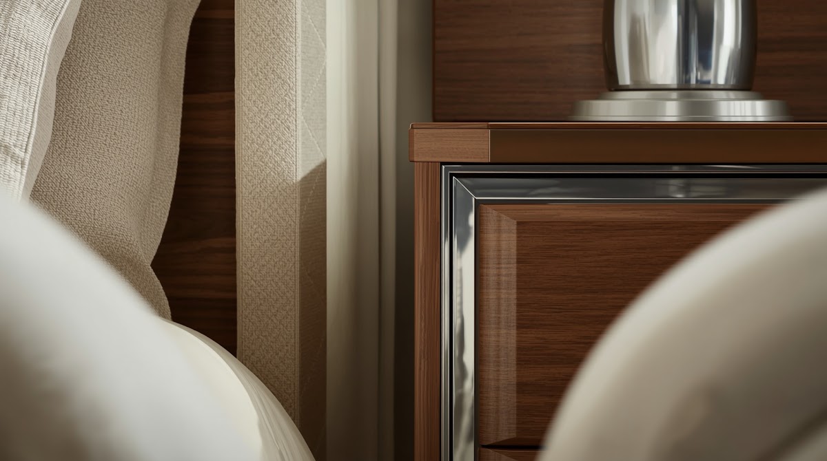 How to Use Chrome Bedroom Decor With Walnut Nightstands - chrome detail beside warm wood grain and textured fabric