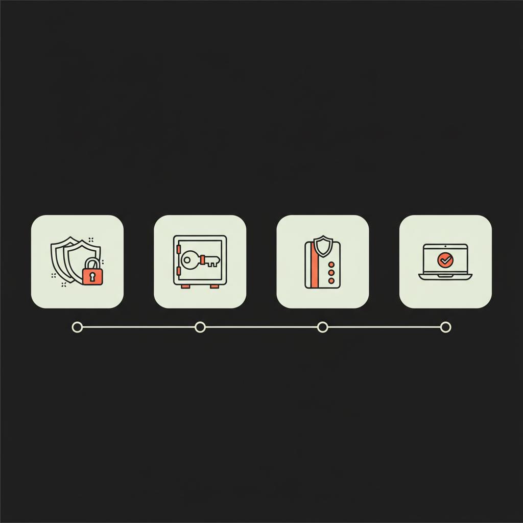 Minimal 2D vector infographic showing four security icons for google account recovery: two-step verification, password manager, backup codes, and trusted device, black background with pale mint and orange accents.