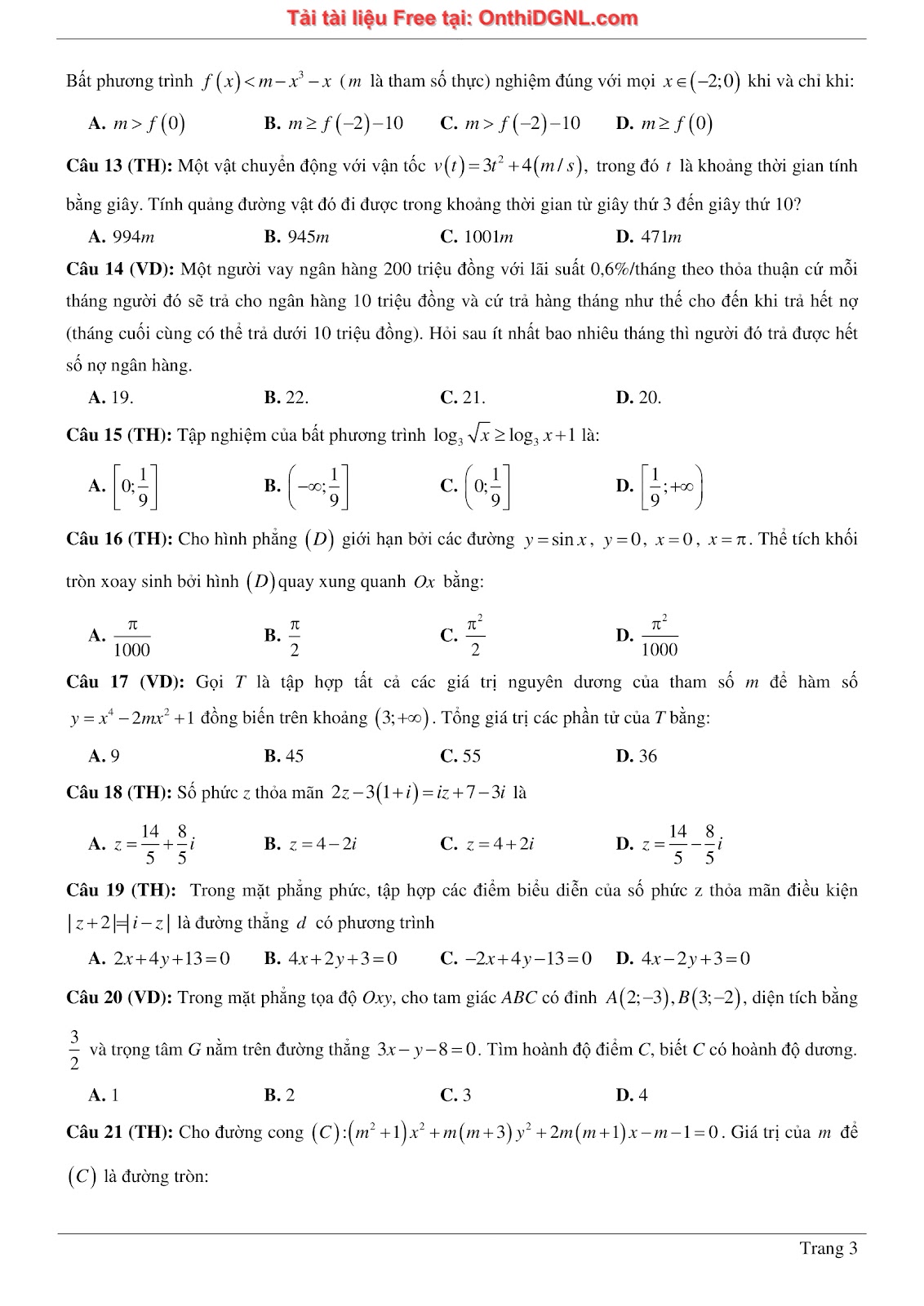 1300 bài tập môn Toán - Ôn thi ĐGNL ĐHQG Hà Nội Phần 10