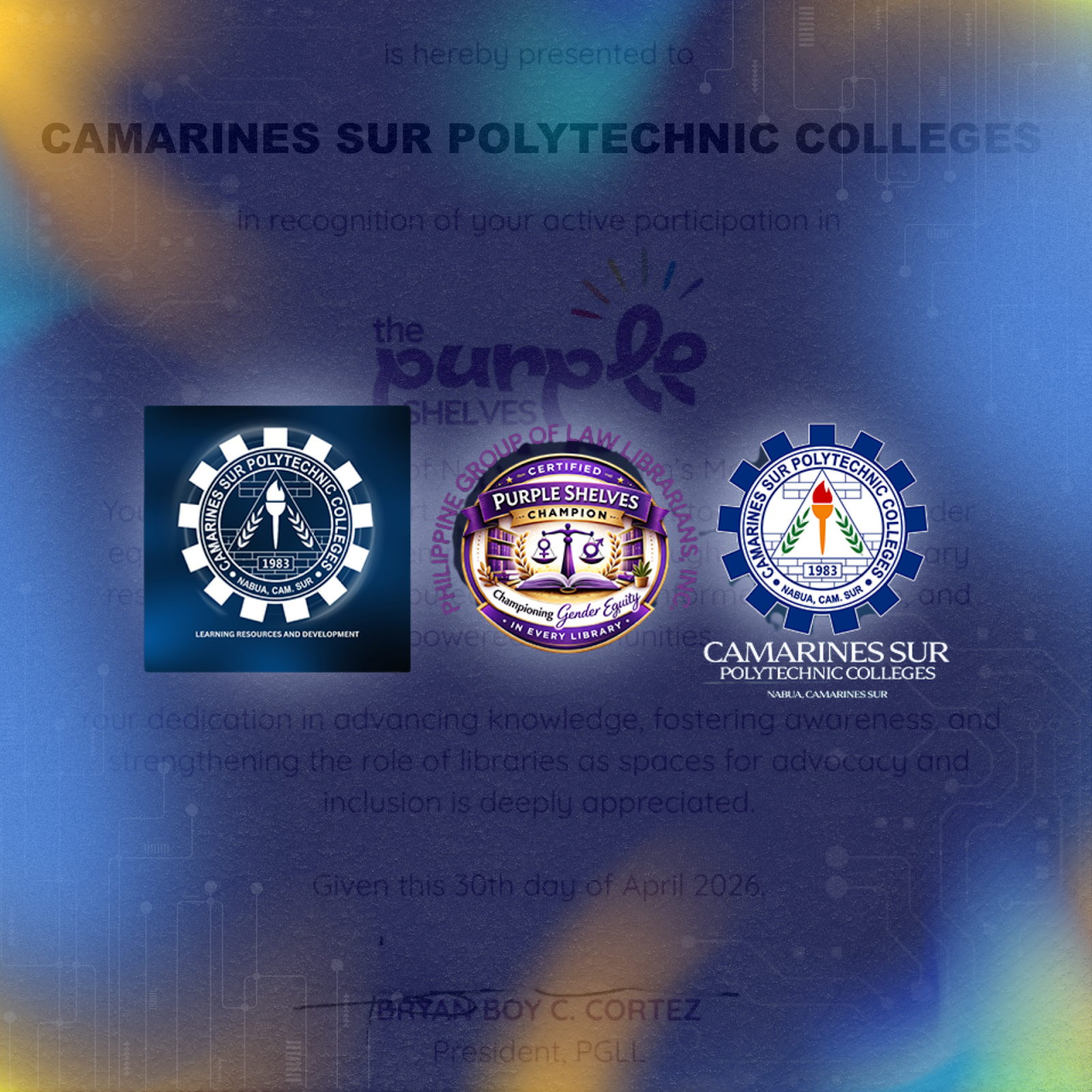 CSPC Plaque of Appreciation and the Certified Purple Shelves Champion Badge