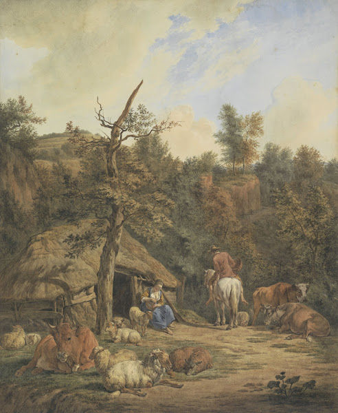 Herder herderin en vee rustend voor een vervallen stal after Adriaen van de Veld
