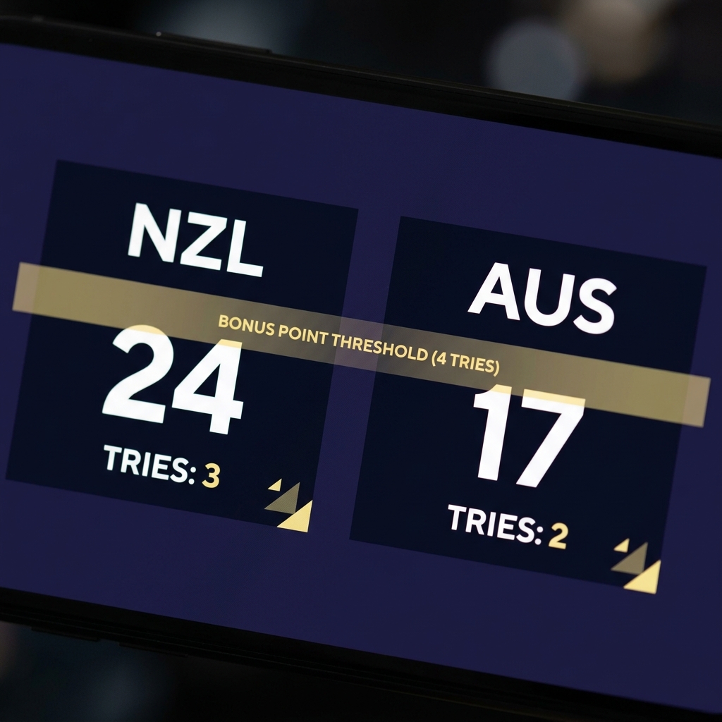 Close up rugby scoreboard showing points and tries with overlay highlighting bonus point thresholds minimalist Funded Plays style six nations odds