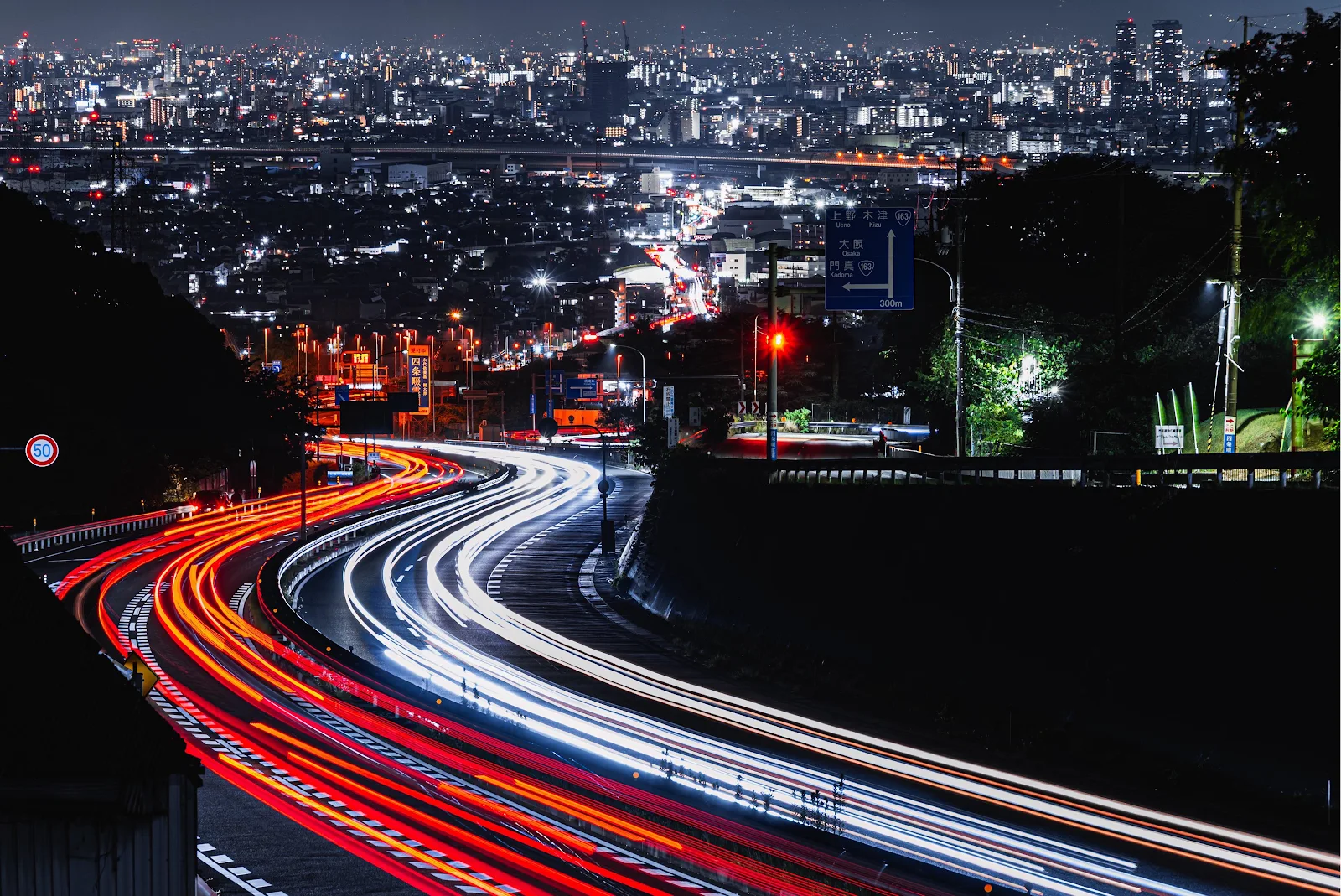 Osaka Highway Night Light Trails - Long Exposure Photography 4K Wallpaper (4096x2736)