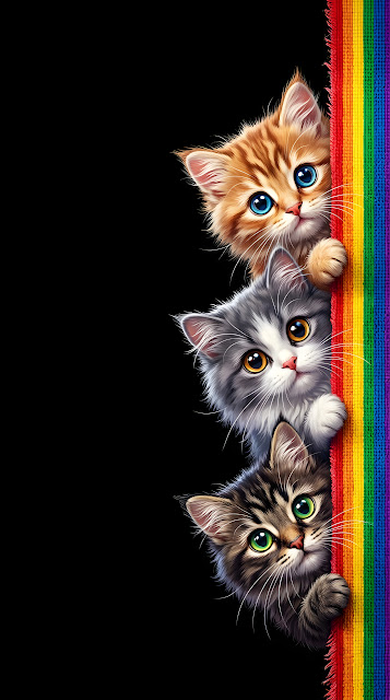 Fluffy Cats Peeking from a Rainbow Strip on the Right Margin - Free mobile Wallpaper