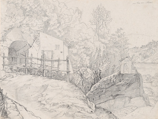A House near a Grotto and a Roadside Chapel at Lake Nemi with a View of Genzano