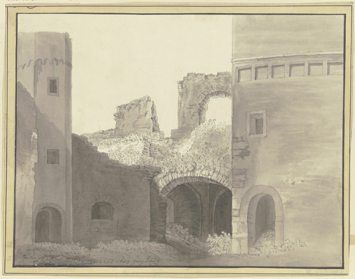 Hof einer Burgruine mit Blick in ein Gewölbe 1819