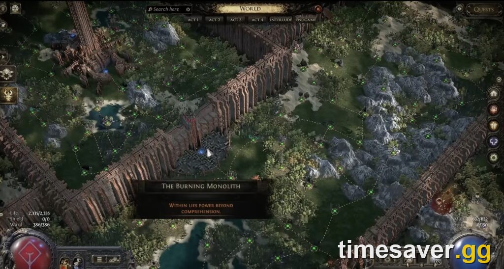 The Burning Monolith on the PoE2 Atlas, where three Crisis Fragments are inserted to fight the Arbiter of Ash