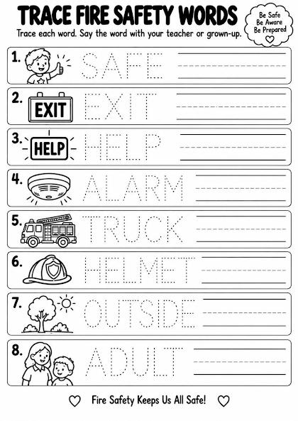 Fire Safety Word Tracing Worksheet