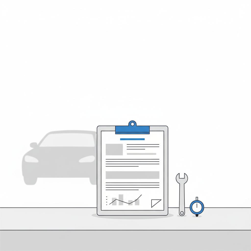 Minimalist 2D vector clipboard with vehicle history report and soft focus car silhouette in background highlighting Dodge years to avoid