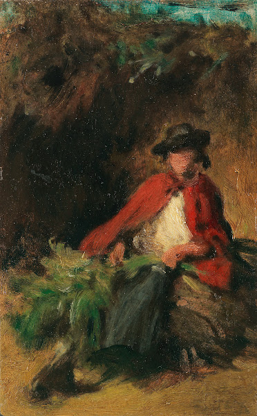 Sitzendes Mädchen mit rotem Umhang einen Hasen vor sich 1865