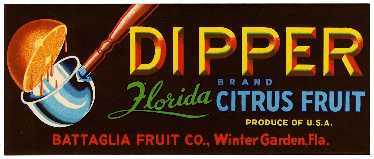 Dipper Brand Florida Citrus Fruit Label 1940s