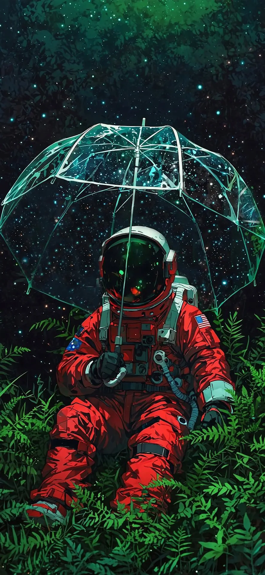 Astronaut Holding Clear Umbrella in Starry Jungle - Free 4K mobile Wallpaper