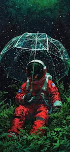 Astronaut Holding Clear Umbrella in Starry Jungle